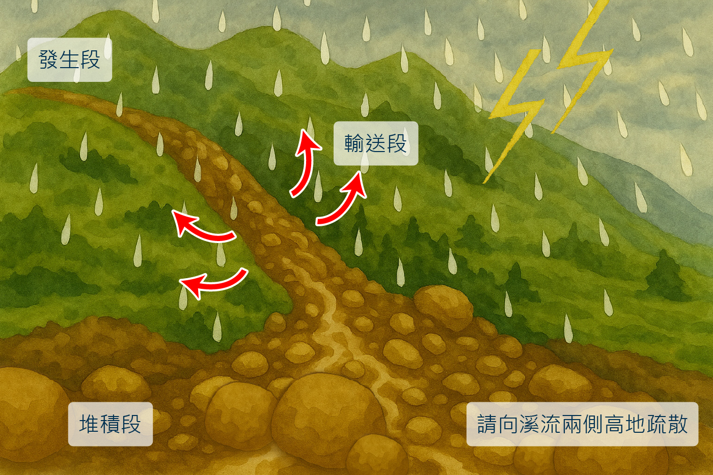土石流疏散示意圖：發生段、輸送段、堆積段，請向溪流兩側高地疏散